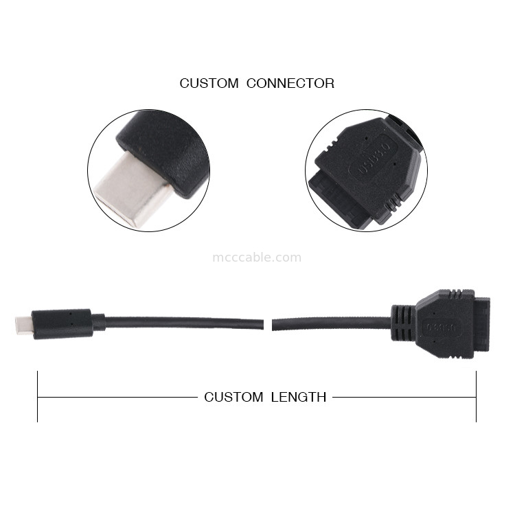 20P Wanita USB 3.0 Tipe-C ke IDC Adaptor Kabel Resistor Internal Hitam Kawat PVC OEM ODM